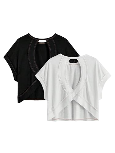 Girl's 2 Packs Open Back Backless Tops Criss Cross Short Sleeve T Shirts Crewneck Casual Tees