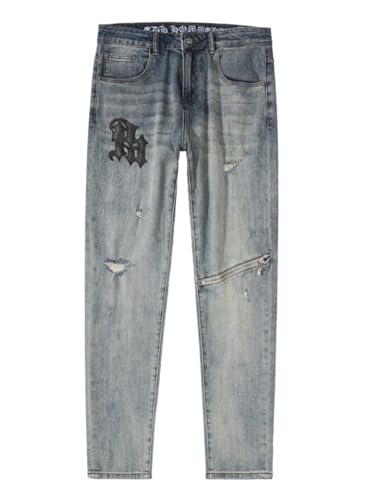 Jeans Pants Trousers Denim Summer Washed Distressed Embroidered Zipper High Street Slim Fit Men's Long