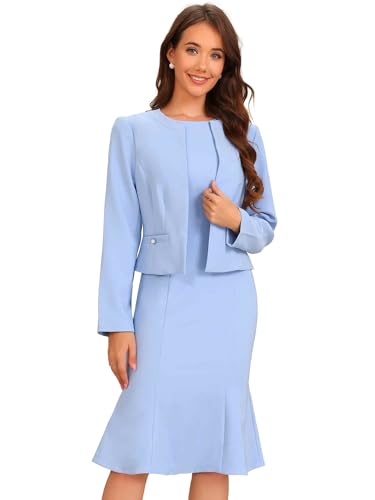 Allegra K Ensembles de Costumes Femmes Tailleurs-Robes de Business Robe Moulante Sirène avec Blazer Costumes d'affaires 2 Pièces Bleu Clair L