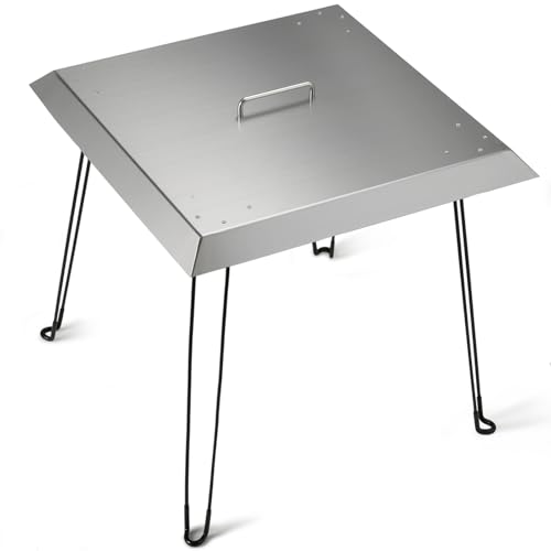 Fire Pit Heat Deflector 24 x 24 x 24 Inch Stainless Steel Square Fire Pit Deflector Cover to Push Heat Down and Out Heavy Duty Burner Lid with Foldable Legs