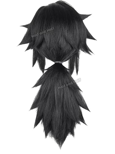 Image of Half and Half Giyuu Cosplay Wig Long Black Low Ponytail Anime Wig with Bangs Giyuu Tomioka Costume Wigs Black Warrior Acrylic Fiber Hair Wig for Women Men Halloween Party