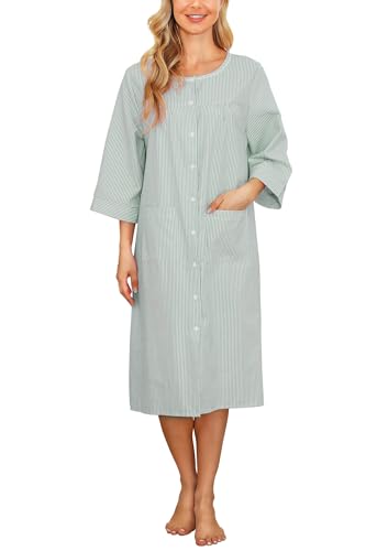 Image of Bloggerlove House Dress Women Cotton Snap Front Nightgown 3 /4 Sleeve Housecoat Duster Robe with Pockets Moomoo Patio Dress