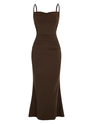 Milumia Women's Sexy Sleeveless Spaghetti Strap Ruched Maxi Slip Dress Long Bodycon Fishtail Dress