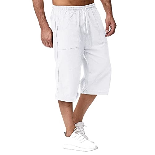 Mens Cotton Linen Casual Pants Elastic Waist Drawstring Trousers Yoga Beach Summer Pants Seven-Point Sweatpants3