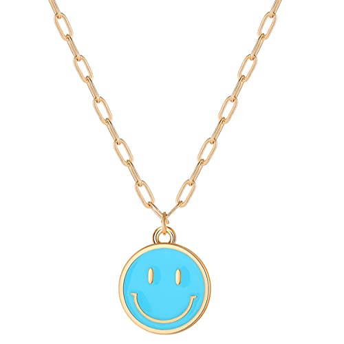 Godyce Smile Pendant Necklace Smile Face Chain Necklace Paperclip Necklace Cute Round Pendant Necklace Preppy Jewelry for Women Girls (Blue)