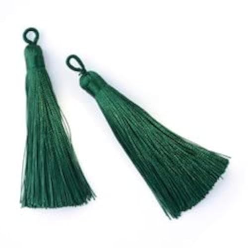 10 x Dark Green Silky Soft 8cm-9cm Tassels with Hanging Loops for Bookmarks Jewellery Keychains Pendant Decoration Crafts