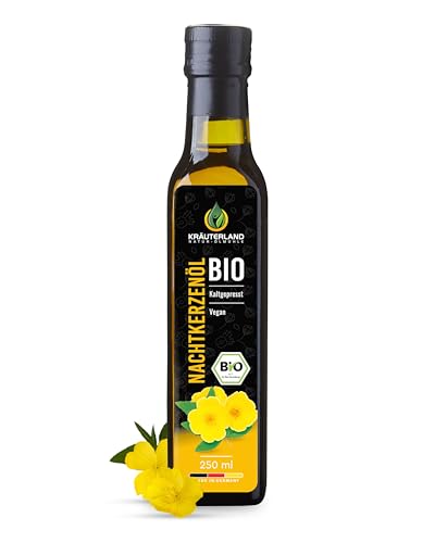 Kräuterland Bio Nachtkerzenöl 250ml, Bio Nachtkerzensamen, Kaltgepresst, naturrein ohne Zusatzstoffe, Vegan & GVO-frei, geeignet für Haut & Haare, Premium Qualität