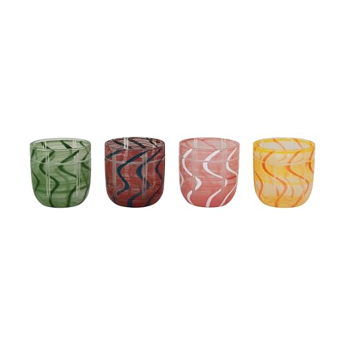 Set de 4 vasos de vidrio multicolor con diseño de rayas y ondas
