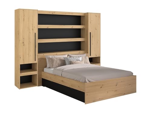 Vente-unique - Lit Pont 160 x 200 cm avec rangements - avec LEDs - Coloris : Naturel et Noir - VARLY