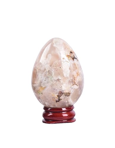 Image of AMOYSTONE Sakura Agate Egg 1.9-2.3 inch Mini Pocket Stone with Wood Stand for Spiritual Growth - Natural Flower Inclusion Specimen, Pocket Gift for Collectors 3.9oz