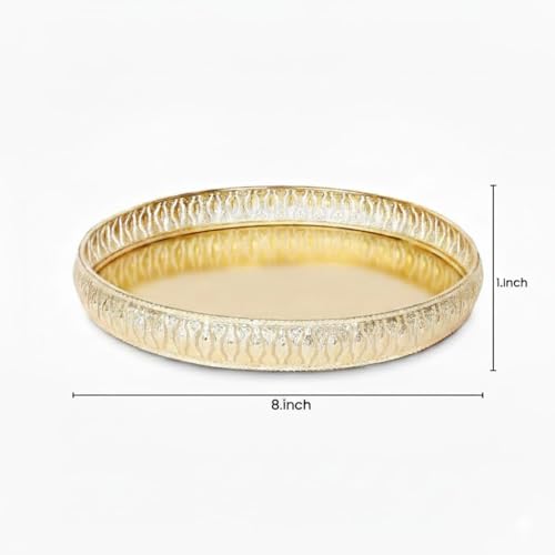 Image of Design Decor Gallery Round German Golden Plated Tray|Round Decorative Tray|Best Gift for Pooja| Decor| Diwali |Anniversary |House Warming Birthday (Pack of 1) Size: 8x8 Inches,Design 3