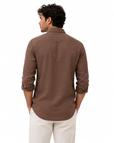 Men's White Linen Shirt, Long Sleeve Button-Down with Coffee Brown - Image 3