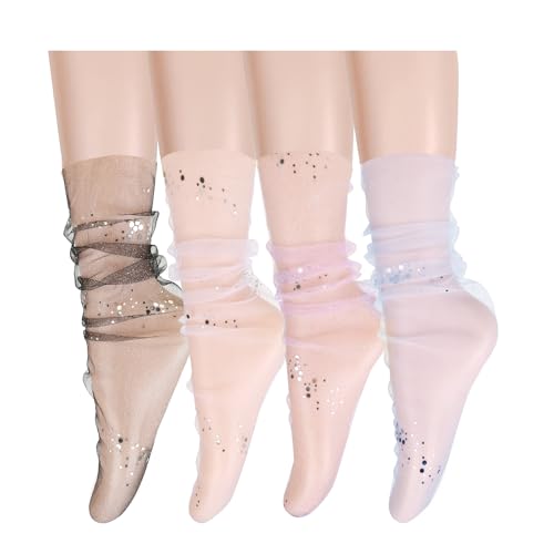 Benefeex Sox Womens Lace Socks Sheer Mesh Socks Fishnet Loose Socks Pretty Glitter Decorated Lace Slouch Socks Transparent See Through Sparkly Clear Tulle Socks Summer Lolita Socks, 4 Pairs, Sparkle -  Benefeet Sox