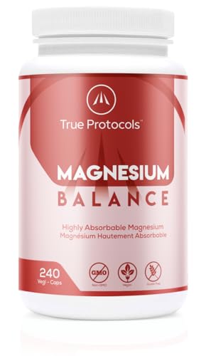 TRUE PROTOCOLS - Magnesium Balance - Magnesium Glycinate & Malate Chelates (100 mg) w/Vitamin B6 (2.5 mg) & Zinc (2.5 mg) - 240 Non-laxative & High Absorption Vegan Capsules - Bioavailable Caps For Optimal Muscle Function, Stress Relief & Sleep - 100% Non-GMO Chelated Supplement