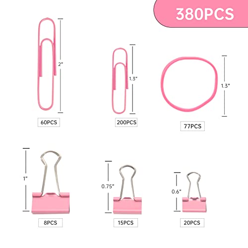 DANRONG Pink Binder Clips Paper Clips,380 PCS Assorted Sizes Paperclips Paper Clamps Rubber Bands for Files, Papers, Home Supplies (Pink)