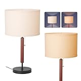 lianheng Mid Century Table Lamp, Farmhouse Desk Lamp with Pull Chain Switch&Linen Shade, Black Metal Bedside Lamp for Bedroom, Living Room, Office, Wood Finish(Black)