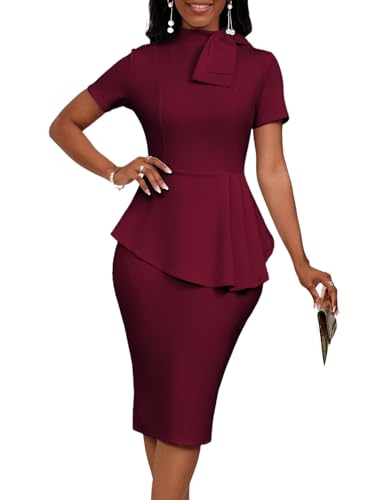 Image of WanMem Women Formal Bodycon Peplum Cocktail Dress Short Sleeve Bow Ruffle Pencil Party Midi Dresses