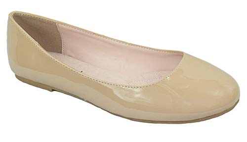 City Classified Women Shoes Ballet Flats Formal Basic Slip On Round Toe Thesis Beige Patent 6.5