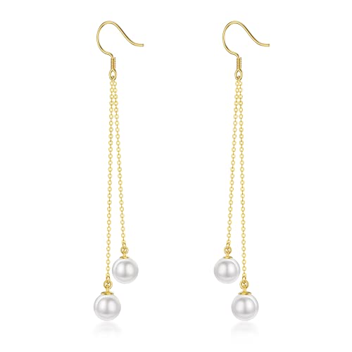 14Kt Solid Gold Pearl Dangle Drop Earrings, Freshwater Pearls Threader Long Chain Hook Earrings Gold Jewelry Anniversary Present For Women Girls Wife Mom #TOP10