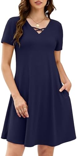 KORSIS Women's Midi Dresses Summer Casual T-Shirt Short Sleeve Criss Cross V Neck Swing Soft Loose Beach Party Vacation midi Dress with Pockets — Navy Blue