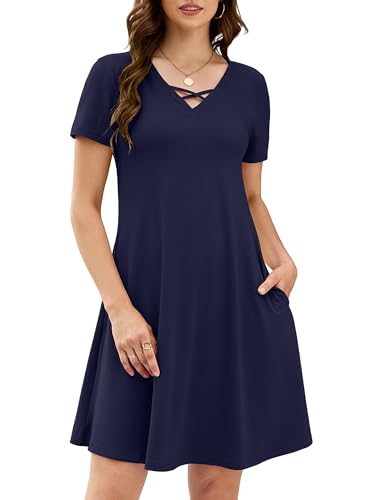 Image of KORSIS Women's Dresses Summer Casual T-Shirt Short Sleeve Criss Cross V Neck Swing Beach Vacation Sundress Dress with Pockets