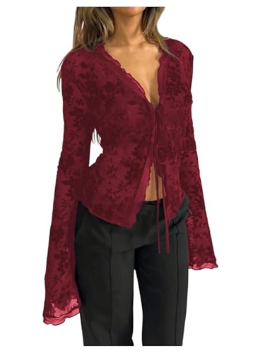 GORGLITTER Women's Bell Sleeve Tie Front Y2K Tops Classy Cute Sheer Going Out Gothic Concert Mesh Long Sleeve Crop Tops Red Floral Large