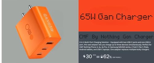 Image of Original 65w GaN 3-Port USB+Type C+Type C Port Wall Adapter Compatible with Nothing Phone 2, 2A, 3A, Phone 1, CMF Phone 1 & Supports Other Type-C Android Devices -Orange