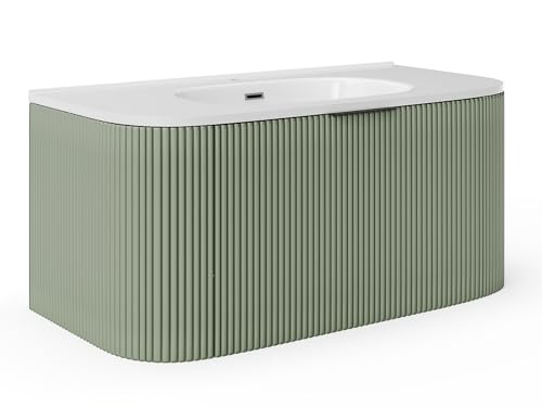 Vente-unique-Mueble de baño Flotante con Lavabo Empotrado - Verde Mate - 100 cm - LOMERI