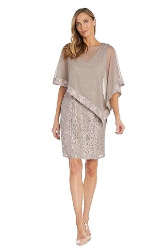 Image of R&M Richards Women's Knee-Length Glitter Sequin Lace Dress W /Sheer Asymmetric Poncho Overlay | Evening Cocktail Attire