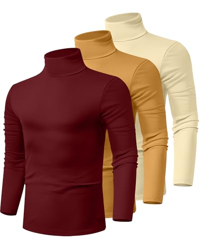 Ficerd 3 Pack Men's Turtleneck Shirts, Long Sleeve Cotton Pullover Sweaters Mock Neck Knitted T-Shirt Basic Slim Fit Tops