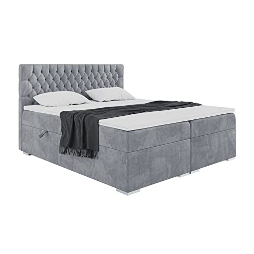 MEBLINI Boxspringbett mit Bettkasten - Gepolstert Doppelbett mit Matratze und Topper - Polsterbett mit Stauraum - Bett mit Kopfteil - Stauraumbett - Dalia - 200x200 - H3/Grau Samt