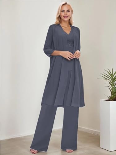 3 Piece Mother of The Bride Pantsuits Chiffon V-Neck Applique Zipper Pant Suits for Formal Wedding with Long Jackets3