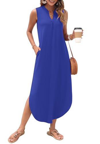 Image of AUSELILY Womens Summer Casual Maxi Dresses 2026 Sleeveless Long Beach Dresses V Neck Loose Sundresses with Side Split Pockets