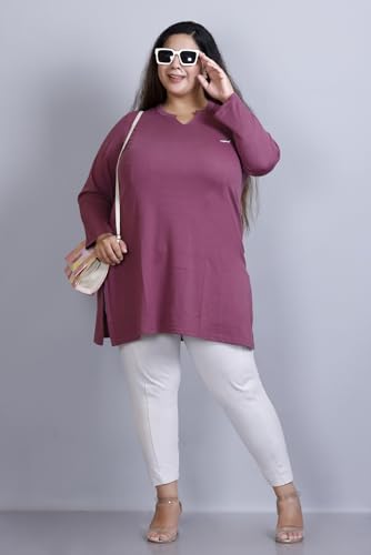 Image of CUPID Women's Cotton Plus Size Plain Full Sleeves Long Top for Summer n Semi Summers with One Side Pocket for Ladies Solid T Shirt