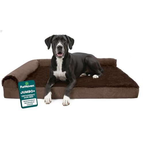 Image of Furhaven Orthopedic Dog Bed for Large Dogs w / Removable Bolsters & Washable Cover, For Dogs Up to 125 lbs - Plush & Velvet L Shaped Chaise - Sable Brown, Jumbo Plus /XXL