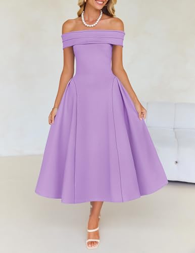 Image of ZESICA Summer 2026 Cocktail Dresses for Women's Off Shoulder Short Sleeve Swing A Line Wedding Evening Party Midi Dress