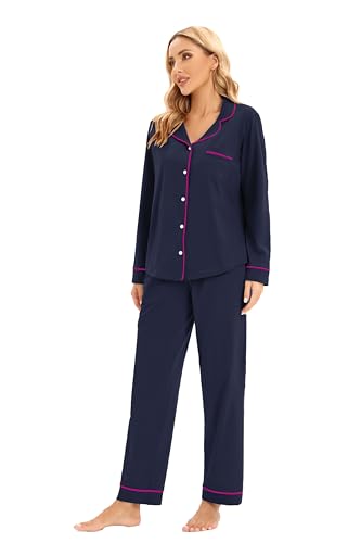 Image of LUBOT 100% Cotton Pajamas for Women PJ Set Soft Long Sleeve Button-Down Shirt Two-piece Set Warm Sleepwear Loungewear Night Suit (Dark Blue, XL)
