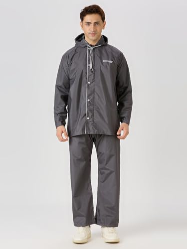 Image of ZEEL Water Fighter Rain Coat For Men with Adjustable Hood, Polyester Waterproof Full Sleeves, Top and Bottom Set Rainwear, Front Zip with Flap, Lightweight Raincoat (EWF79, Asphalt, 3XL)