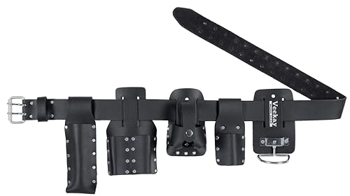 VEEKAY 5-Piece Scaffolding Tool Belt Set Black Leather Work Belt 2 Wide Fits 32-46 Waist Heavy Duty Tool Belt with Hammer Holder Tape Holder & 3 Tool Pouches for Construction