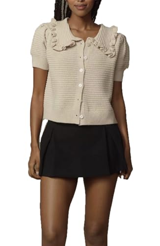 VAOYIU Women's Ruffle Collar Knit Cardigan Short Sleeve Button Down Sweater Top Vintage Cropped Ribbed Summer Outerwear4