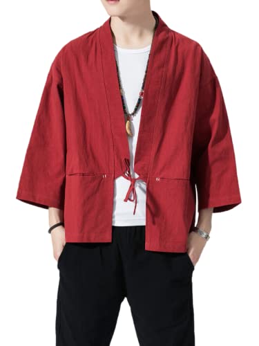 Image of Men's Japanese Kimono Cardigan Loose Cotton Linen 3 /4 Sleeve Open Front Casual Summer Shirt Jackets