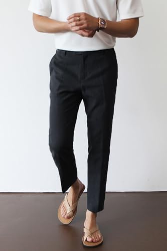 Image of GINGTTO Linen Pants Men Slim Fit Elastic Waistband Lightweight Summer Beach Fashion Casual Pant