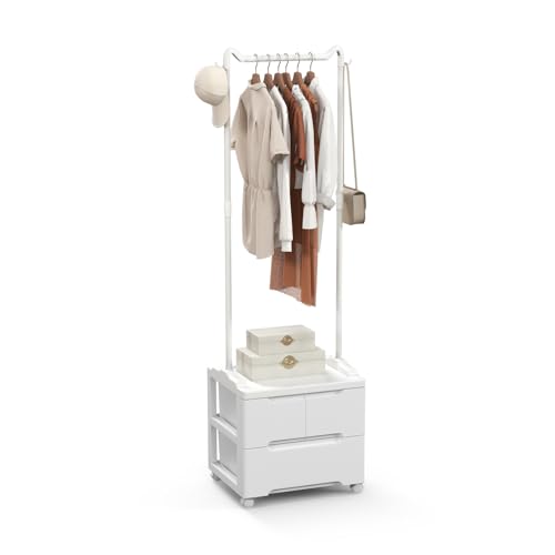 GOPLUS Perchero con 3 Cajones, Perchero de Pie con 4 Ruedas Universales, Barra para Colgar y 2 Ganchos Laterales, Organizador de Ropa Independiente para Dormitorio, Salón, Entrada, Lavandería