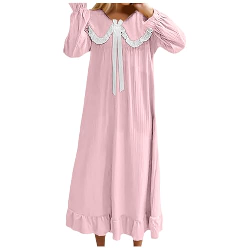 Camisón de noche largo de satén para mujer, camisón de manga larga para mujer, con lazo, ribete de encaje en la muñeca y el cuello, estilo para la rodillera en casa, Rosa., M