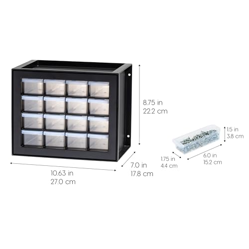 IRIS USA Screw Organizer, Hardware Storage Organizer, 16 Drawer Parts Cabinet, Plastic Drawer Storage for Hardware Crafts, Small Parts, Nuts and Bolts, Tool Storage, Scrapbook Art Hobby - Black