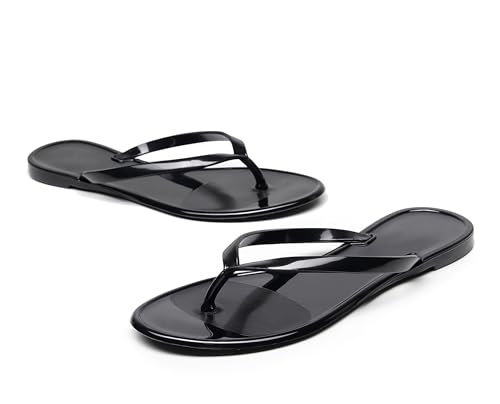Image of Womens Flip Flops Thong Sandals Jelly Shoes Flat for Ladies Slides Black Slippers Size 10 Slip On Summer Beach Dressy