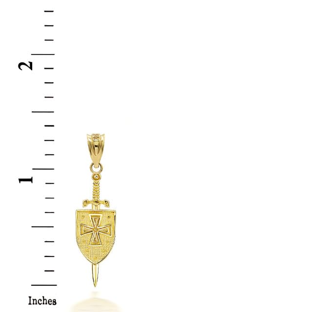 3D Saint Michael Sword & Shield Cross Pendant Necklace 10K Gold3