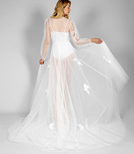 Hhq White Bridal Robe Womens Long Tulle Dress Lace Sheer Bride Nightgown Floor Length Bathgown For Wedding Day Boudoir Maternity Photoshoot (Large) #TOP2