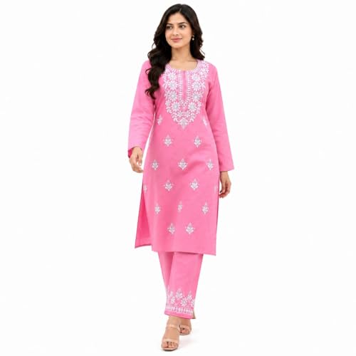 Image of Women's Chikankari Embroidered Straight Kurta with Palazzo Set, Traditional Kurti Bottom Set |Round Neck Full Sleeve Outfit for Daily,Office, Festive & Casual