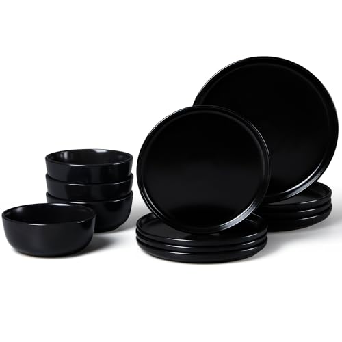 LIANYU Porcelain Dinnerware Sets, 12 Piece Dishes Set for 4, Black Onyx